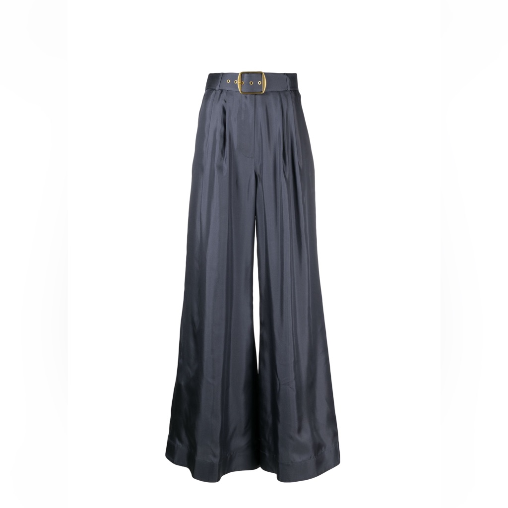 Zimmermann Charcoal Wide-Leg Satin Pants With Gold Buckle